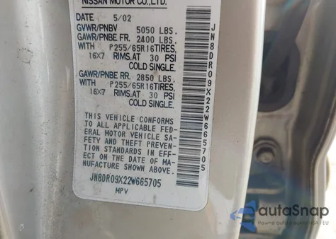 2002 Nissan Pathfinder Se из США, поврежденный, VIN JN8DR09X22W665705